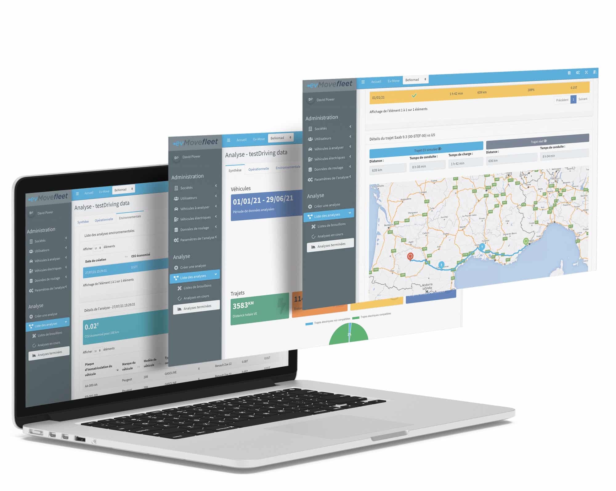 Trio d'écran d'analyse pour la transition éléctrique ev-Move fleet