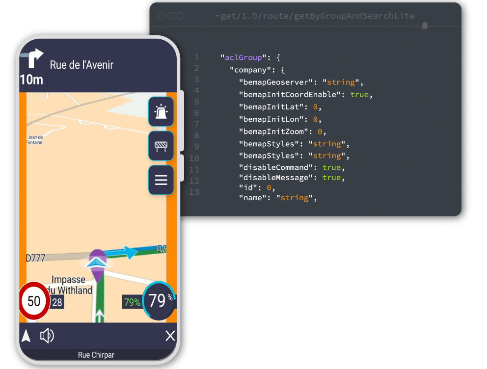 Ecran de l'application Fleex avec menu APIs