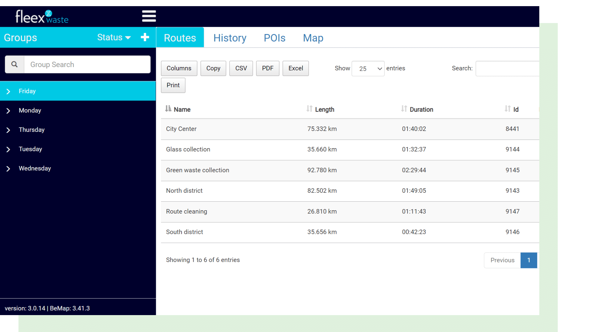 L'interface de Fleex Web avec les groupe de tournées, et les routes.